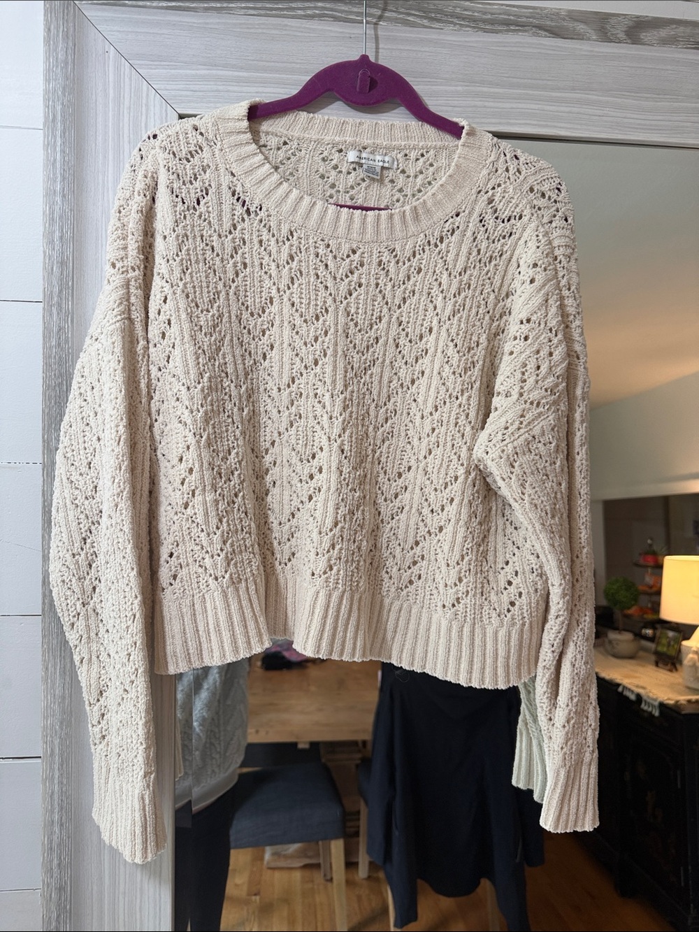 American Eagle Outfitters Cream Openwork Crewneck Sweater